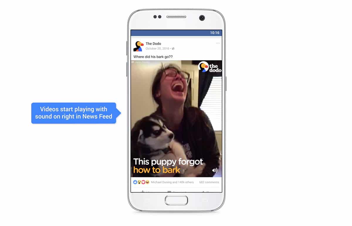 screen della pagina facebook The Dodo: concept per Video per Facebook - audio attivo sui dispositivi mobile