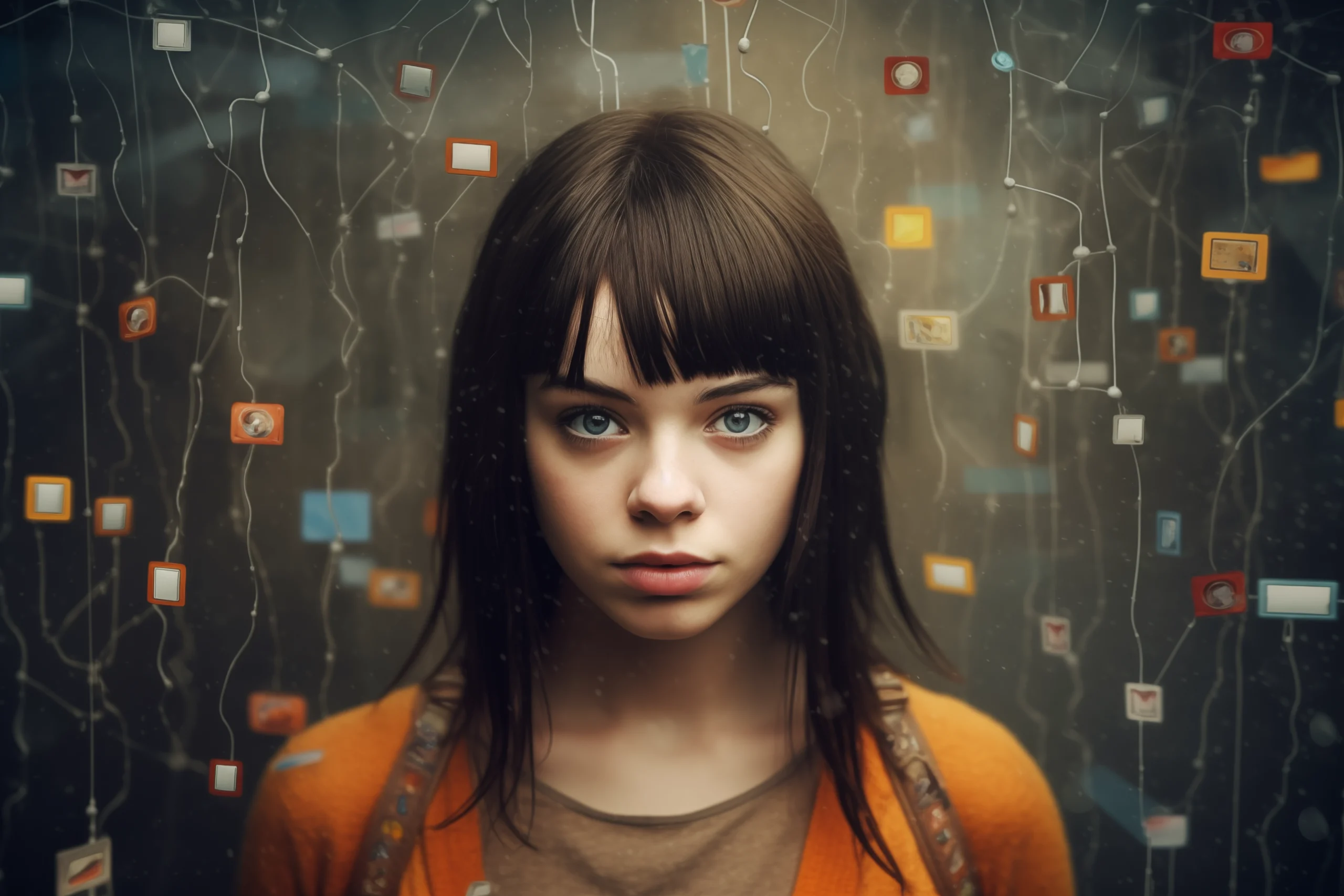Volto di donna in primo piano con sfondo che evidenzia le reazioni social di engagement. Immagine generata con AI.