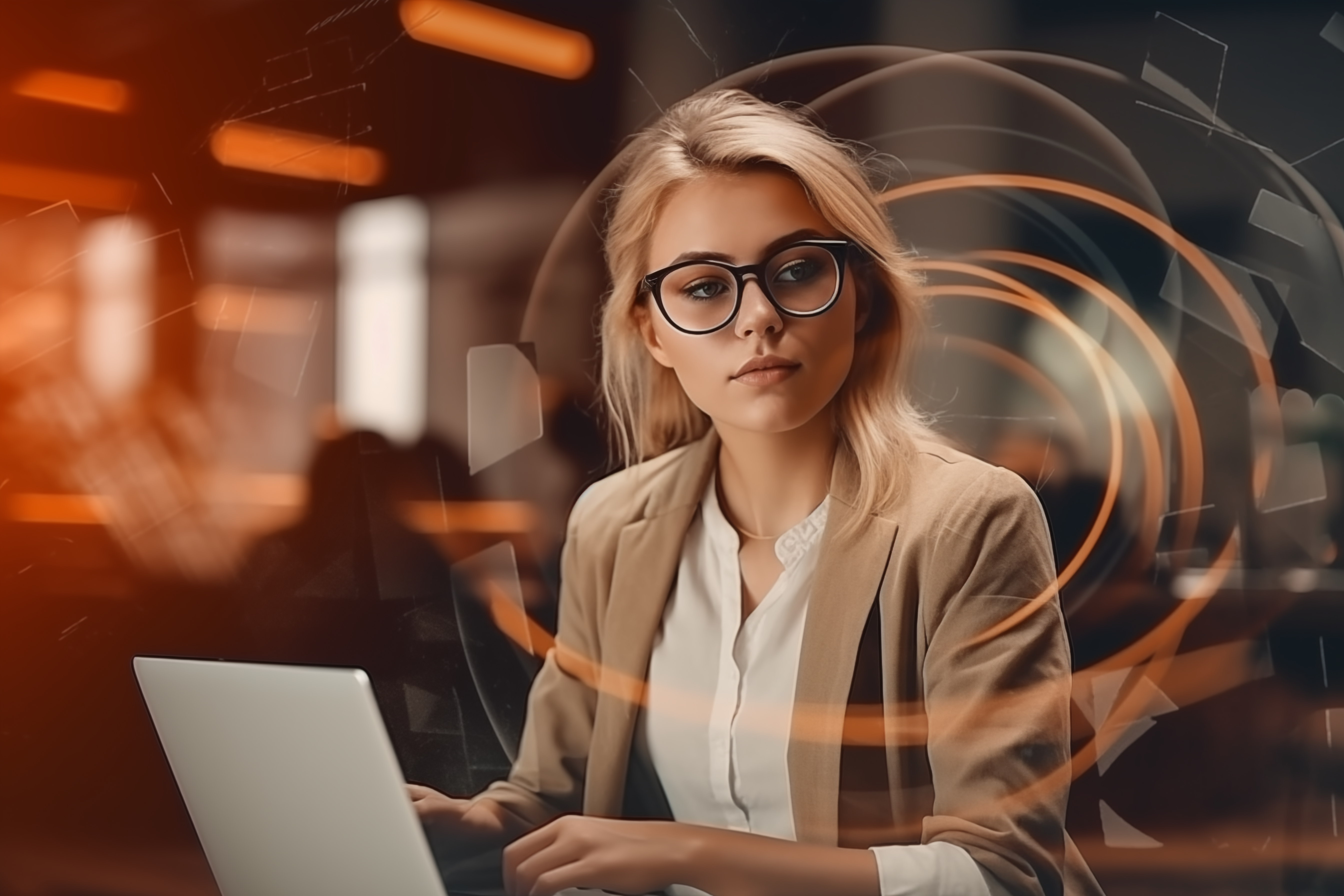 Concept per UX Copywriting: ragazza bionda davanti al computer con sguardo riflessivo