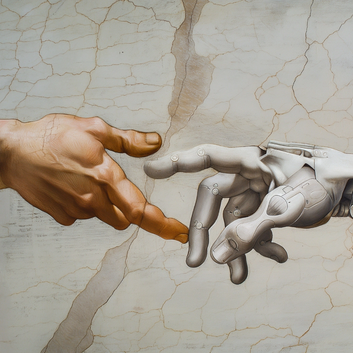 Concept per comunicazione digitale vs esperienza umana: illustrazione di mano umana tocca illustrazione mano robotica, come nel dipinto ''La creazione di Adamo''