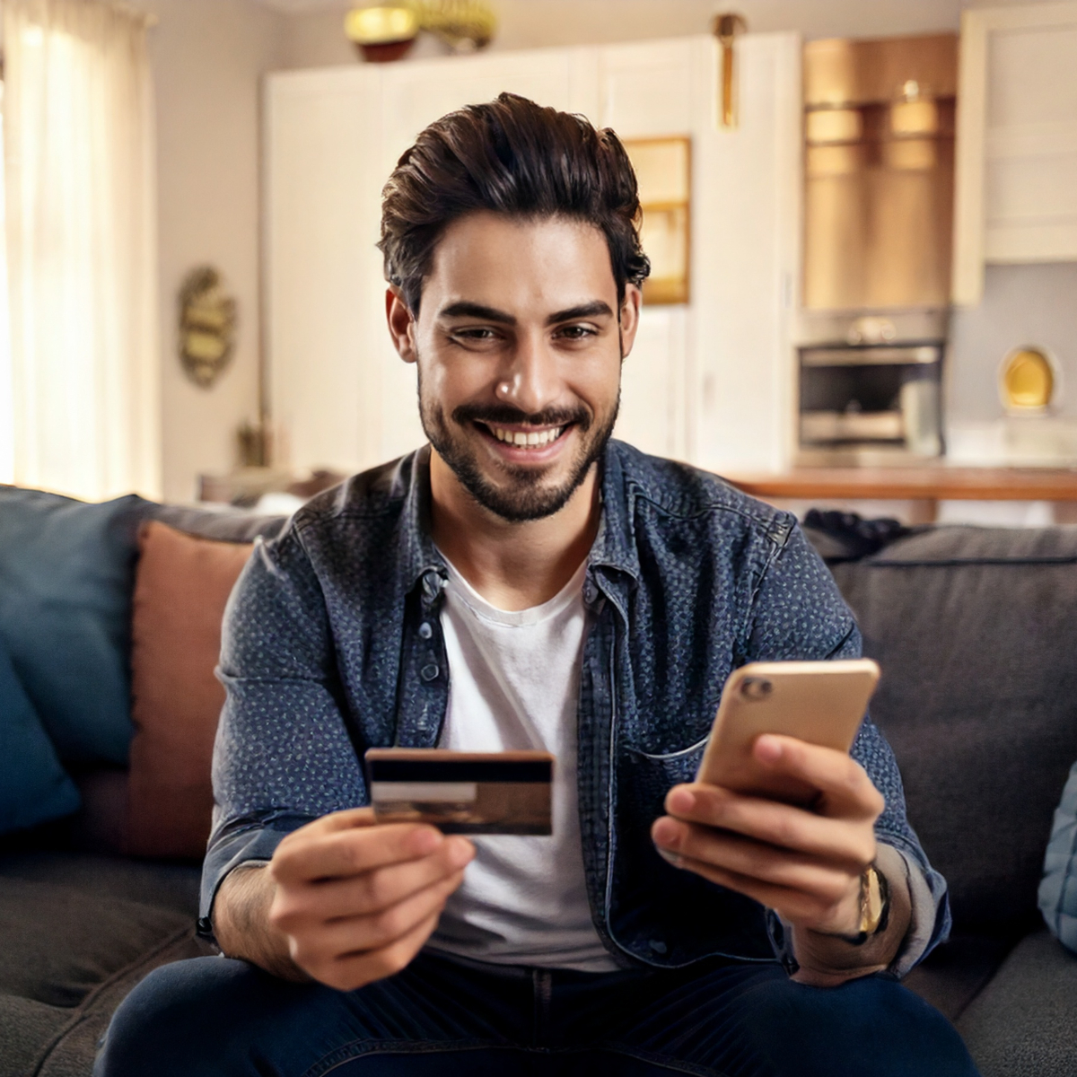 Concept per ''comportamento di acquisto'': primo piano di uomo con carta di credito e smartphone in mano