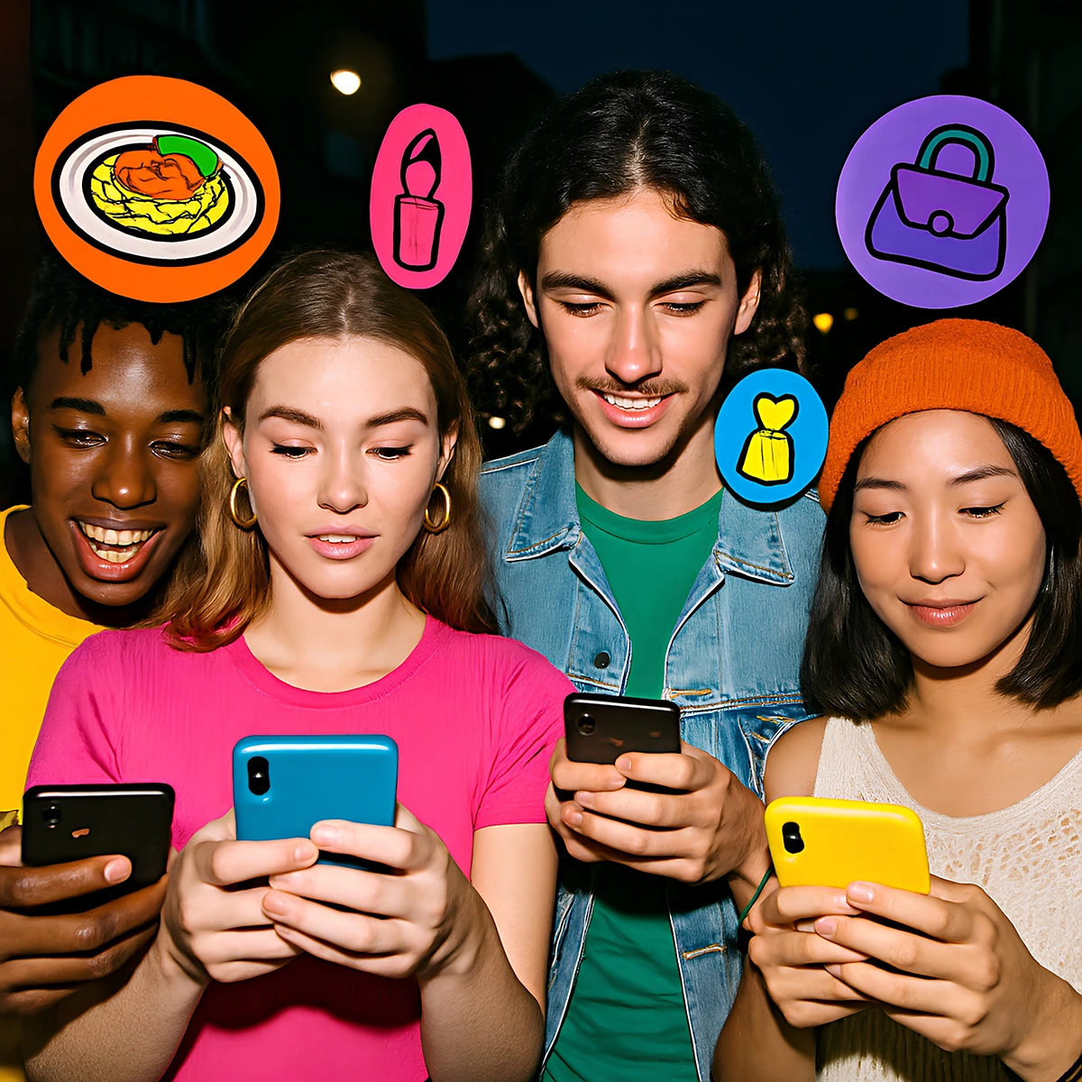 Concept per socialnetwork: giovani della GenZ che guardano lo smartphone, dal quale escono icone illustrate a tema moda, cibo, tecnologia etc.